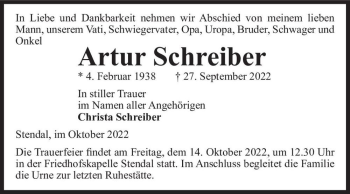 Traueranzeige von Artur Schreiber  von Magdeburger Volksstimme