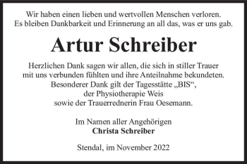 Traueranzeige von Artur Schreiber  von Magdeburger Volksstimme