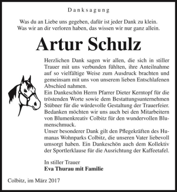 Traueranzeige von Artur Schulz  von Magdeburger Volksstimme