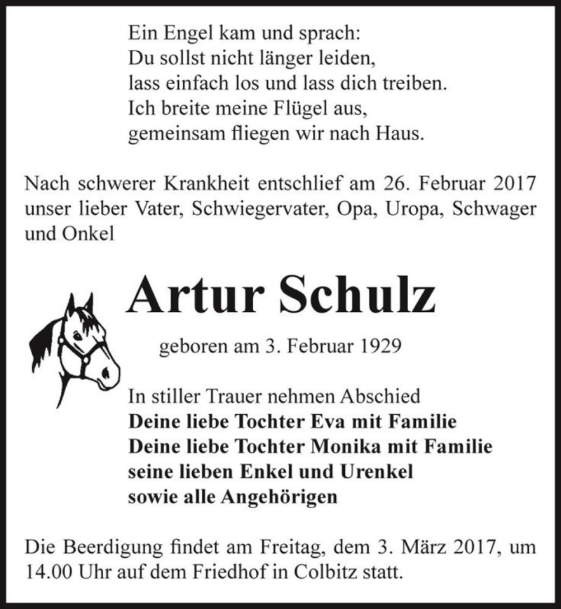  Traueranzeige für Artur Schulz  vom 01.03.2017 aus Magdeburger Volksstimme
