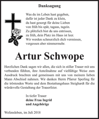 Traueranzeige von Artur Schwope  von Magdeburger Volksstimme