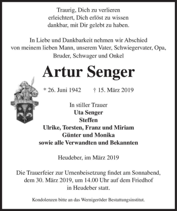 Traueranzeige von Artur Senger  von Magdeburger Volksstimme