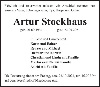 Traueranzeige von Artur Stockhaus  von Magdeburger Volksstimme