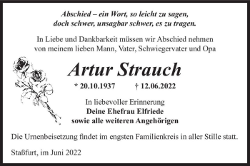 Traueranzeige von Artur Strauch  von Magdeburger Volksstimme