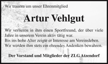 Traueranzeige von Artur Vehlgut  von Magdeburger Volksstimme