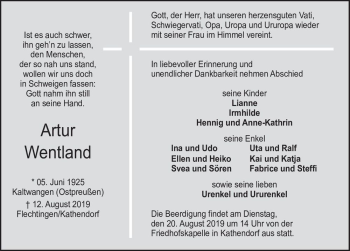 Traueranzeige von Artur Wentland  von Magdeburger Volksstimme