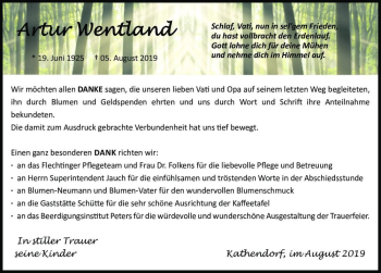 Traueranzeige von Artur Wentland  von Magdeburger Volksstimme