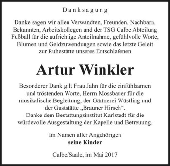 Traueranzeige von Artur Winkler  von Magdeburger Volksstimme