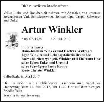 Traueranzeige von Artur Winkler  von Magdeburger Volksstimme