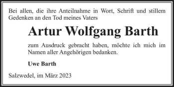 Traueranzeige von Artur Wolfgang Barth  von Magdeburger Volksstimme