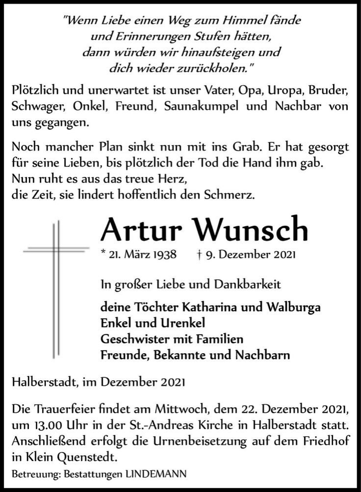  Traueranzeige für Artur Wunsch  vom 18.12.2021 aus Magdeburger Volksstimme