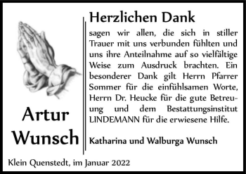 Traueranzeige von Artur Wunsch  von Magdeburger Volksstimme