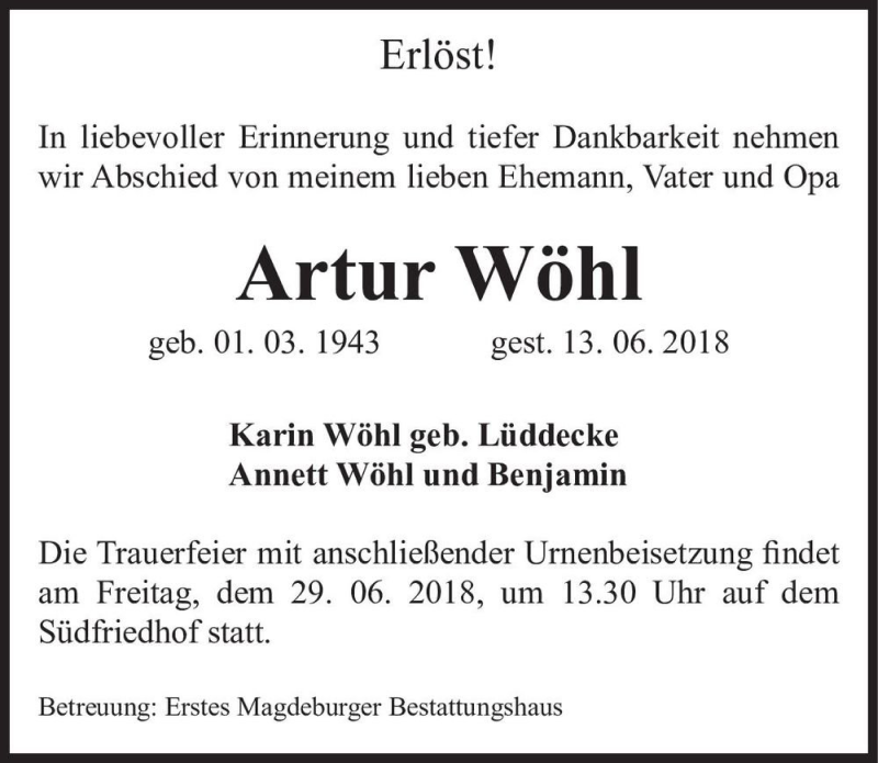  Traueranzeige für Artur Wöhl  vom 23.06.2018 aus Magdeburger Volksstimme