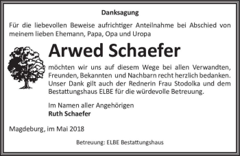Traueranzeige von Arwed Schaefer  von Magdeburger Volksstimme