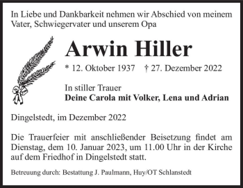 Traueranzeige von Arwin Hiller  von Magdeburger Volksstimme
