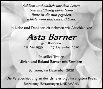 Traueranzeige von Asta Barner (geb. Rönnecke)  von Magdeburger Volksstimme