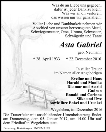 Traueranzeige von Asta Gabriel (geb. Neumann)  von Magdeburger Volksstimme