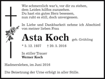 Traueranzeige von Asta Koch (geb. Grühling)  von Magdeburger Volksstimme