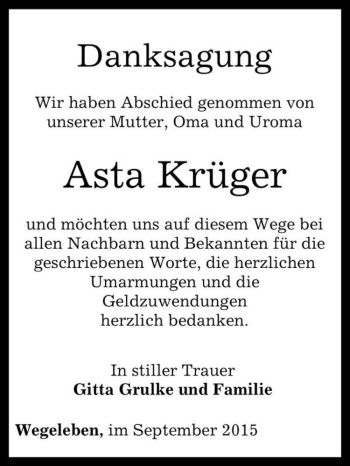 Traueranzeige von Asta Krüger  von Magdeburger Volksstimme