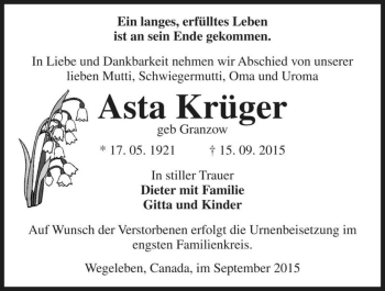Traueranzeige von Asta Krüger (geb Granzow)  von Magdeburger Volksstimme