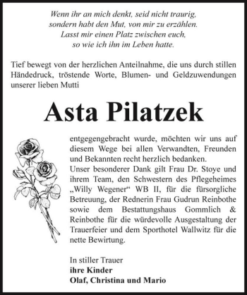 Traueranzeige von Asta Pilatzek  von Magdeburger Volksstimme