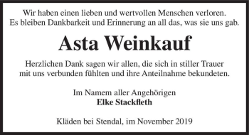 Traueranzeige von Asta Weinkauf  von Magdeburger Volksstimme