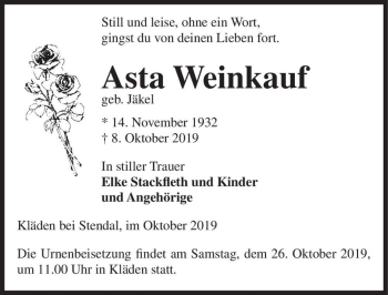 Traueranzeige von Asta Weinkauf (geb. Jäkel)  von Magdeburger Volksstimme