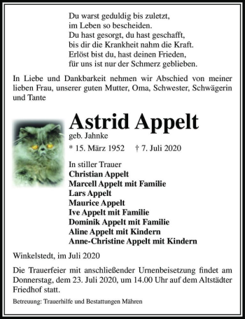 Traueranzeige von Astrid Appelt (geb. Jahnke)  von Magdeburger Volksstimme