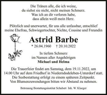 Traueranzeige von Astrid Barbe  von Magdeburger Volksstimme