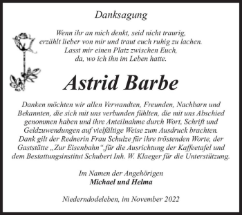 Traueranzeige von Astrid Barbe  von Magdeburger Volksstimme