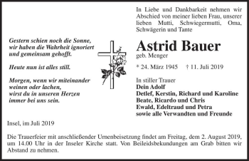 Traueranzeige von Astrid Bauer (geb. Menger)  von Magdeburger Volksstimme