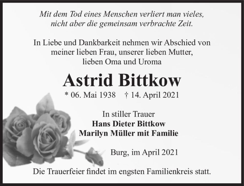  Traueranzeige für Astrid Bittkow  vom 08.05.2021 aus Magdeburger Volksstimme