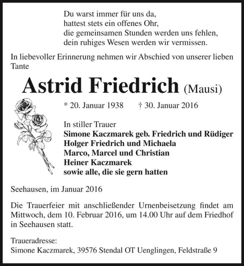  Traueranzeige für Astrid Friedrich (Mausi)  vom 03.02.2016 aus Magdeburger Volksstimme