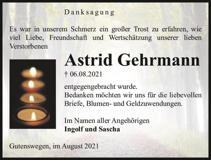  Traueranzeige für Astrid Gehrmann  vom 04.09.2021 aus Magdeburger Volksstimme