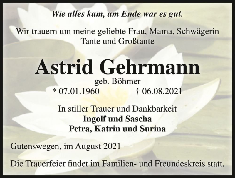  Traueranzeige für Astrid Gehrmann (geb. Böhmer)  vom 14.08.2021 aus Magdeburger Volksstimme