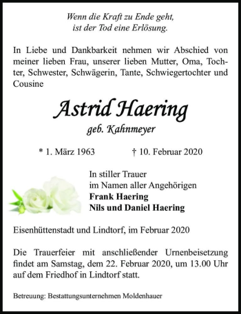 Traueranzeige von Astrid Haering (geb. Kahnmeyer)  von Magdeburger Volksstimme