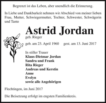 Traueranzeige von Astrid Jordan (geb. Rieger)  von Magdeburger Volksstimme