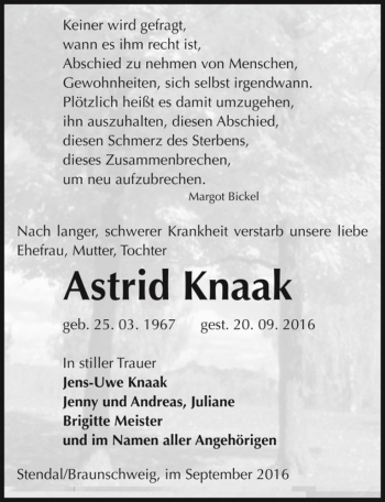 Traueranzeige von Astrid Knaak  von Magdeburger Volksstimme