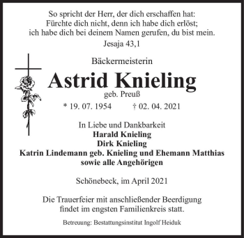 Traueranzeige von Astrid Knieling (geb. Preuß)  von Magdeburger Volksstimme