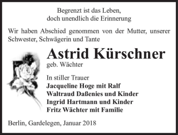 Traueranzeige von Astrid Kürschner (geb. Wächter)  von Magdeburger Volksstimme