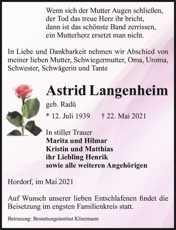 Traueranzeige von Astrid Langenheim (geb. Radü)  von Magdeburger Volksstimme