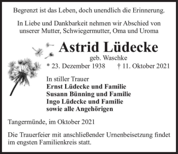 Traueranzeige von Astrid Lüdecke (geb. Waschke)  von Magdeburger Volksstimme