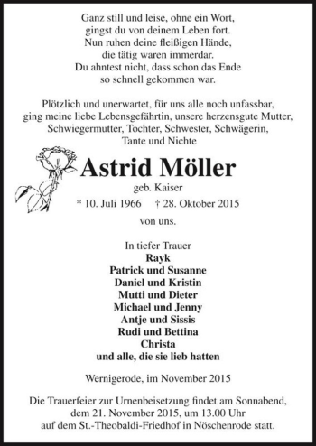 Traueranzeige von Astrid Möller (geb. Kaiser)  von Magdeburger Volksstimme