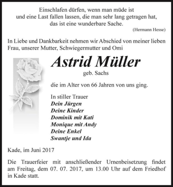 Traueranzeige von Astrid Müller (geb. Sachs)  von Magdeburger Volksstimme