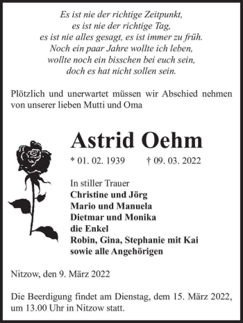 Traueranzeige von Astrid Oehm  von Magdeburger Volksstimme
