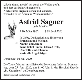 Traueranzeige von Astrid Sagner (geb. Maekler)  von Magdeburger Volksstimme