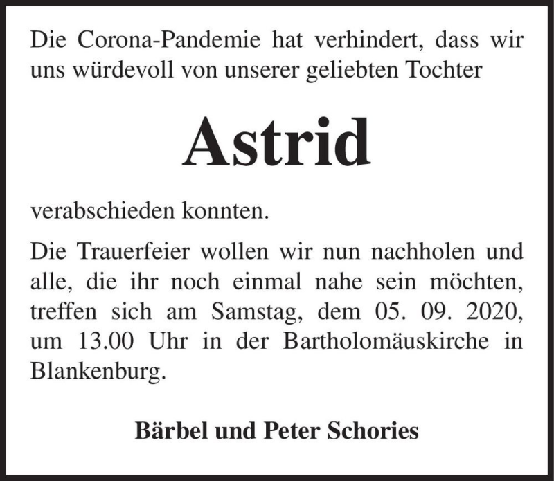  Traueranzeige für Astrid Schories  vom 29.08.2020 aus Magdeburger Volksstimme
