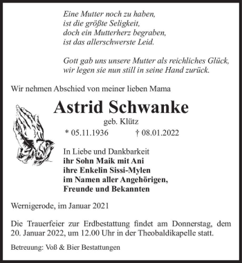 Traueranzeige von Astrid Schwanke (geb. Klütz)  von Magdeburger Volksstimme