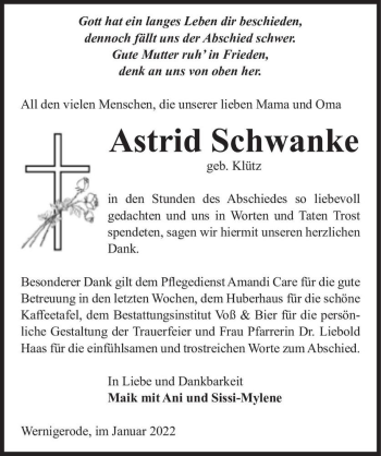 Traueranzeige von Astrid Schwanke (geb. Klütz)  von Magdeburger Volksstimme