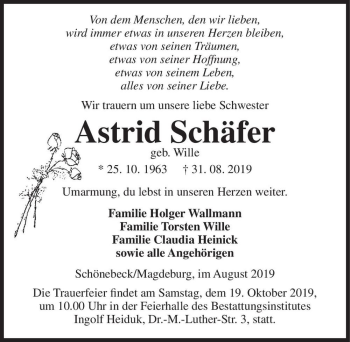 Traueranzeige von Astrid Schäfer (geb. Wille)  von Magdeburger Volksstimme